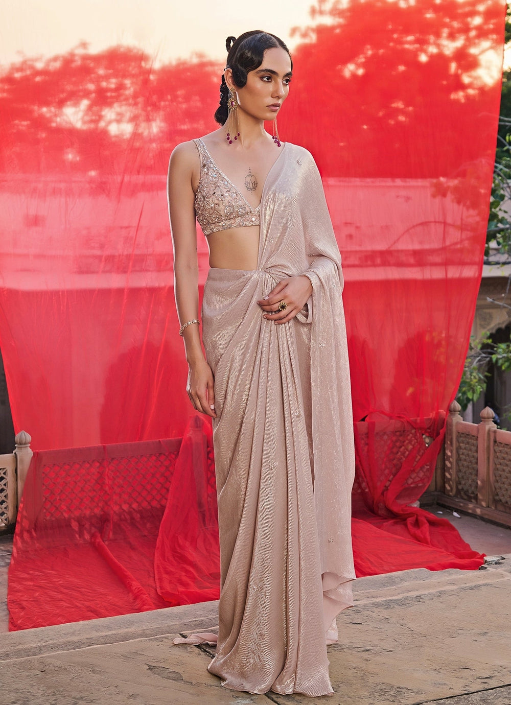Champagne Gold Georgette Pre - Draped Saree Zoon Tribe - Fabilicious Fashion