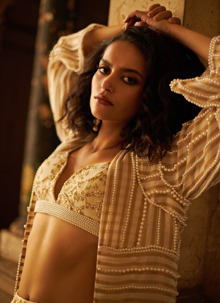 Champagne Gold Jacket Pant Set Duara - Fabilicious Fashion