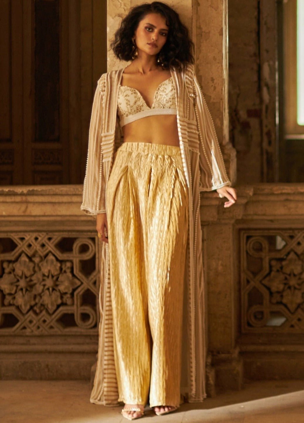 Champagne Gold Jacket Pant Set Duara - Fabilicious Fashion