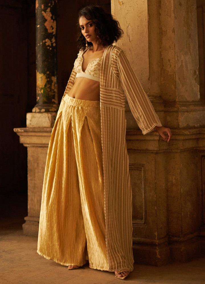 Champagne Gold Jacket Pant Set Duara - Fabilicious Fashion
