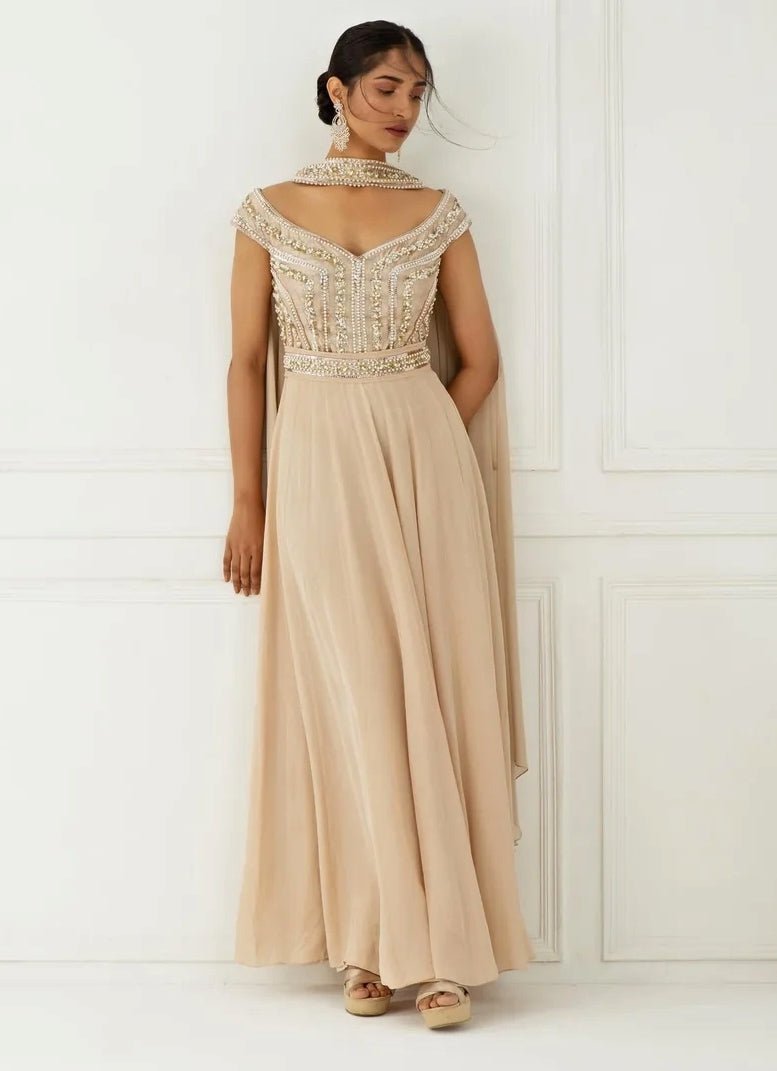 Nidhika Shekhar champagne gold pearl and sequinned anarkali — Eid party