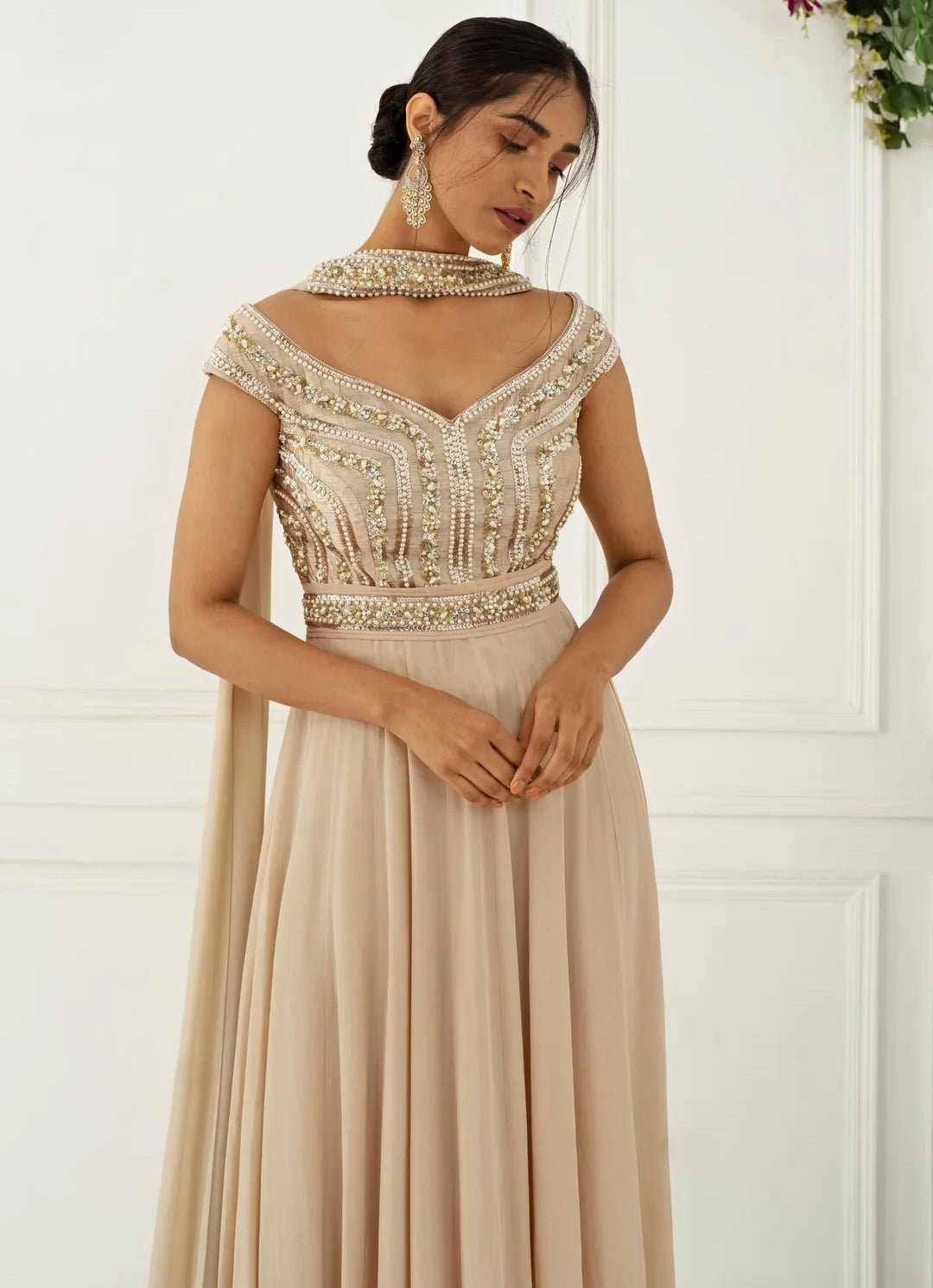 Champagne Gold Pearl and Sequinned Anarkali Nidhika Shekhar - Fabilicious Fashion