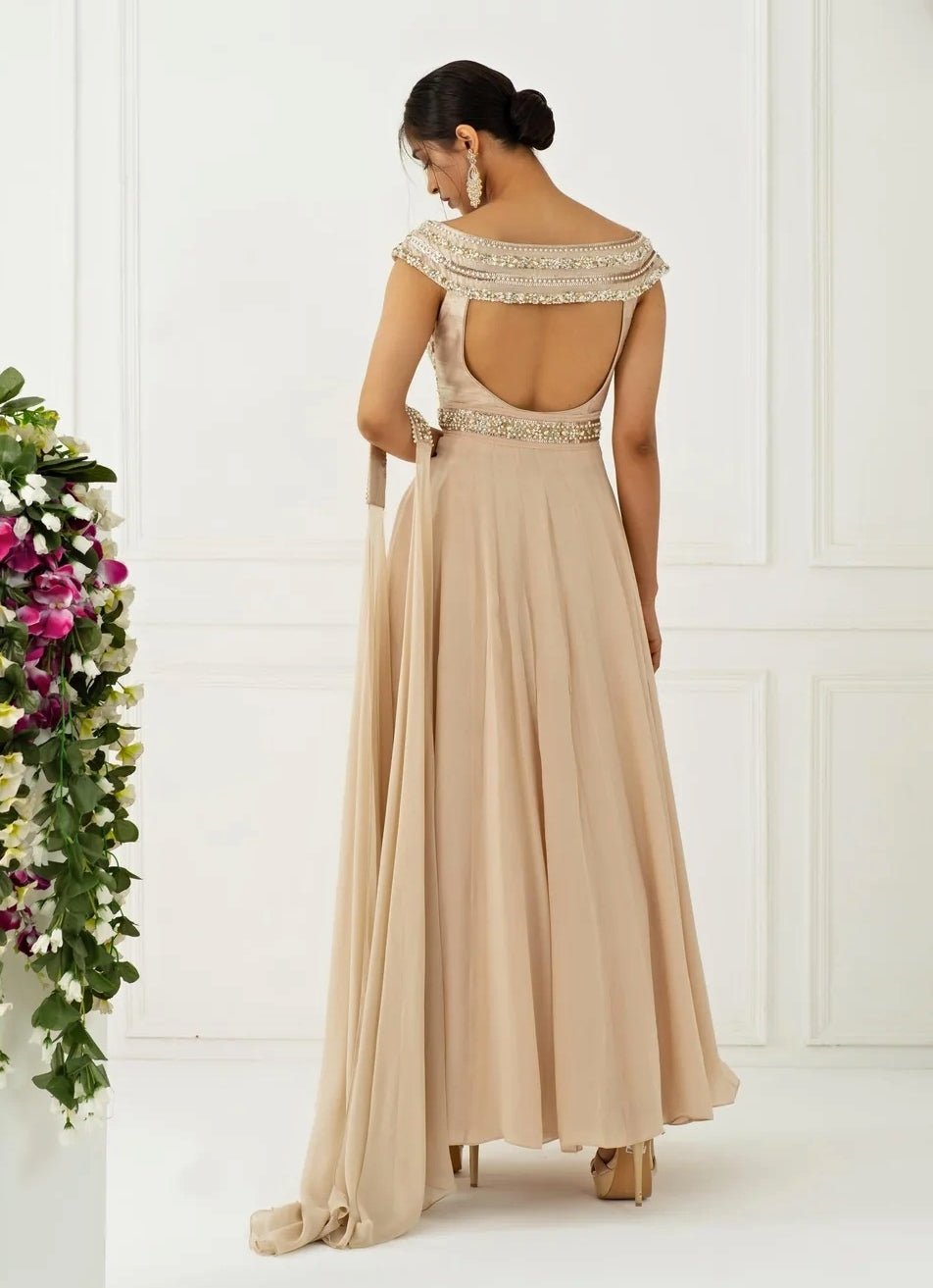 Champagne Gold Pearl and Sequinned Anarkali Nidhika Shekhar - Fabilicious Fashion