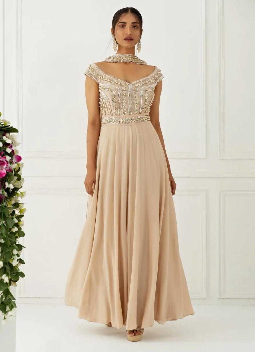 Champagne Gold Pearl and Sequinned Anarkali Nidhika Shekhar - Fabilicious Fashion