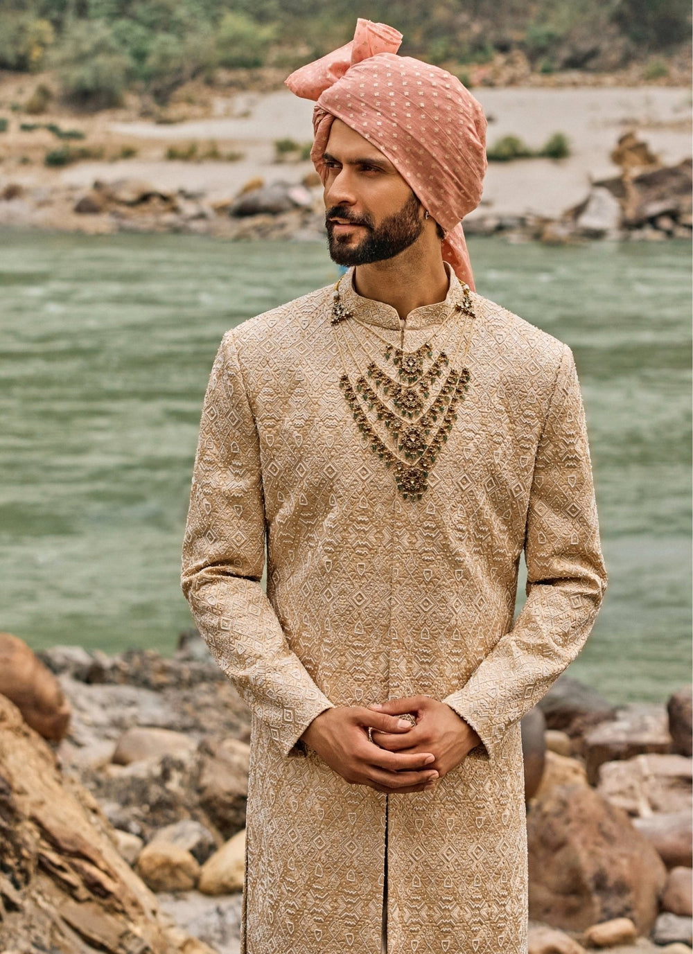 Nitika Gujral - Men Champagne Gold Raw Silk Sherwani SetFabilicious Fashion