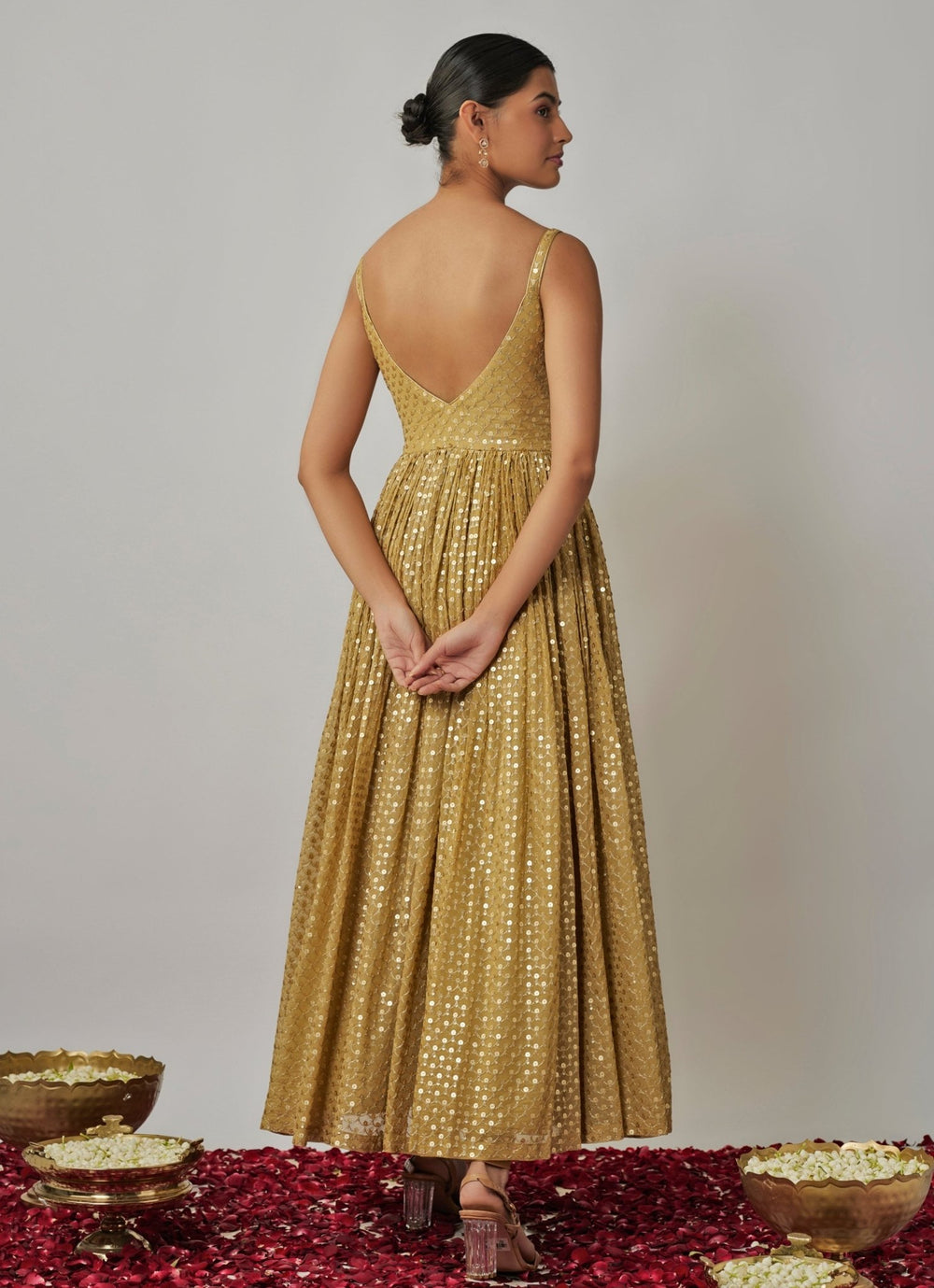Champagne Gold Sequin Embroidered Anarkali Set Renee Label - Fabilicious Fashion