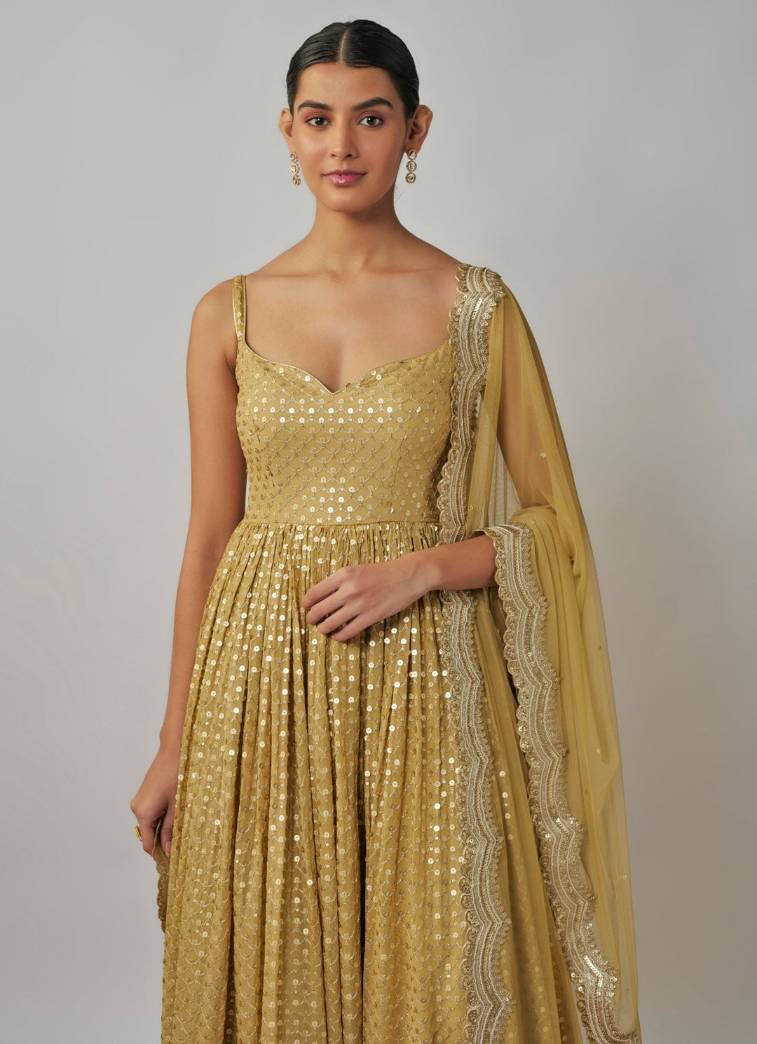 Champagne Gold Sequin Embroidered Anarkali Set Renee Label - Fabilicious Fashion