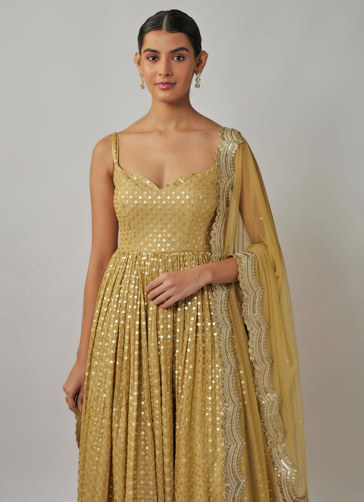 Champagne Gold Sequin Embroidered Anarkali Set Renee Label - Fabilicious Fashion