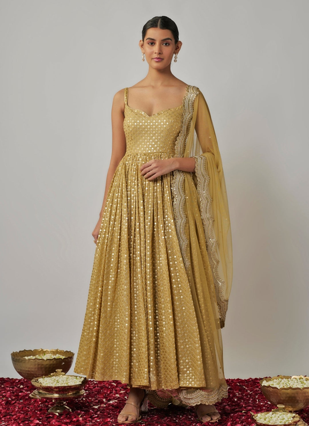 Champagne Gold Sequin Embroidered Anarkali Set Renee Label - Fabilicious Fashion