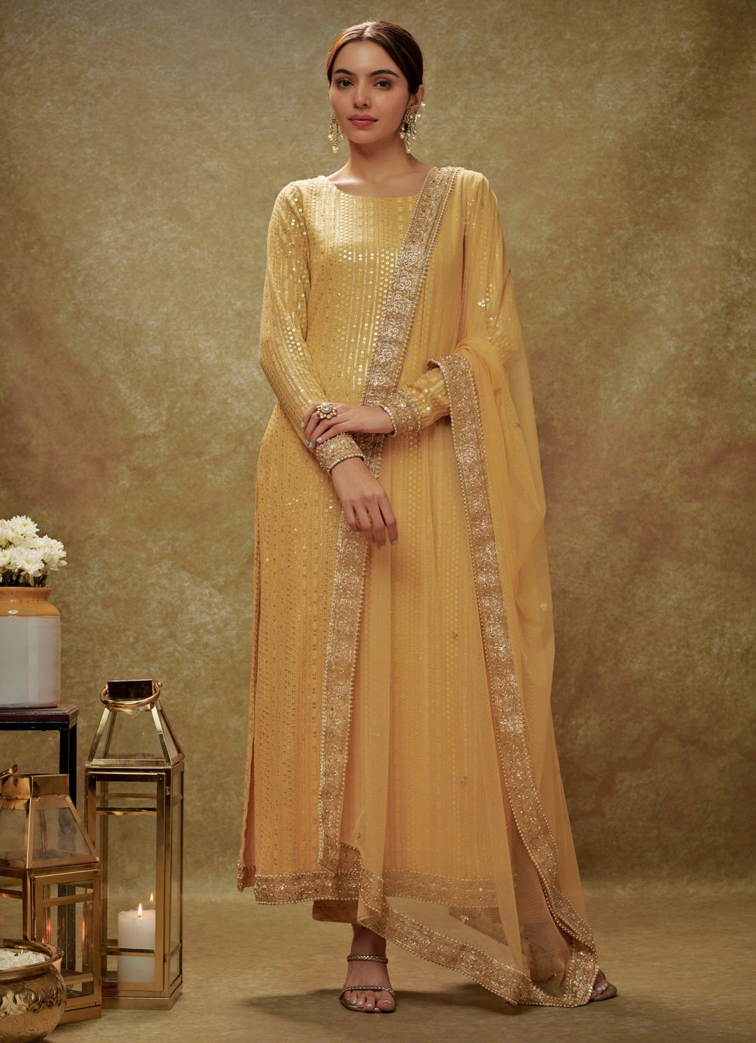 Champagne Gold Sequin Embroidered Kurta Pants Set Renee Label - Fabilicious Fashion