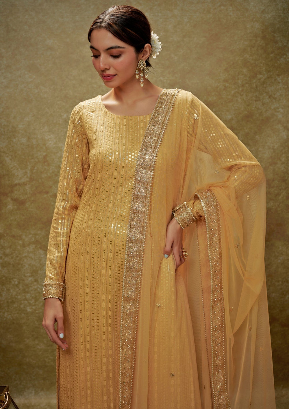 Champagne Gold Sequin Embroidered Kurta Pants Set Renee Label - Fabilicious Fashion