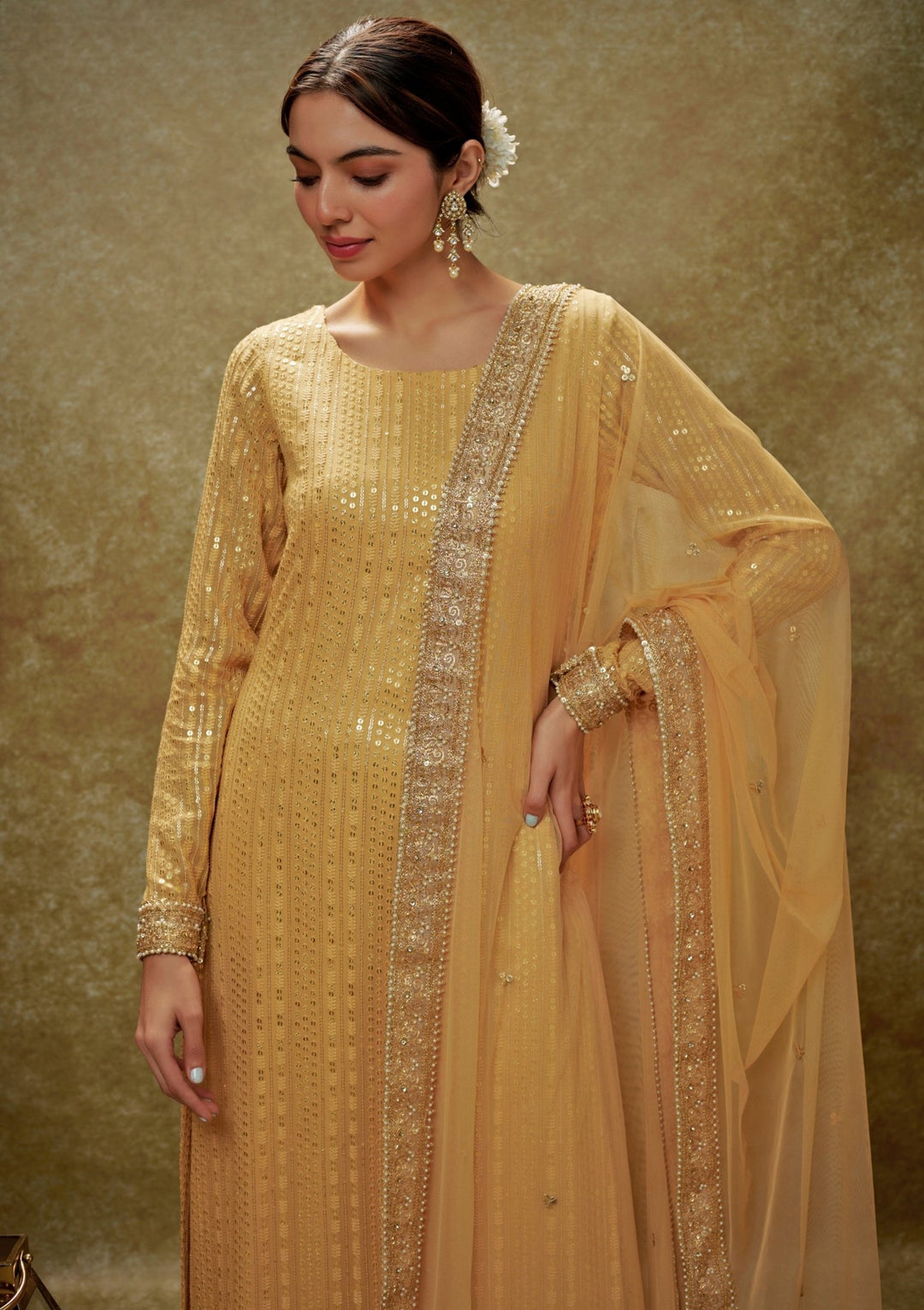 Champagne Gold Sequin Embroidered Kurta Pants Set Renee Label - Fabilicious Fashion
