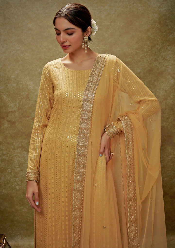 Champagne Gold Sequin Embroidered Kurta Pants Set Renee Label - Fabilicious Fashion