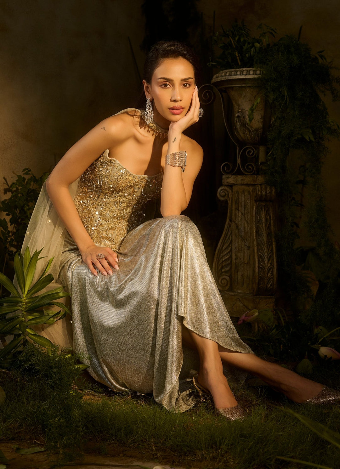 Champagne Gold Sequinned Corset With Drape Skirt Parul Gandhi - Fabilicious Fashion