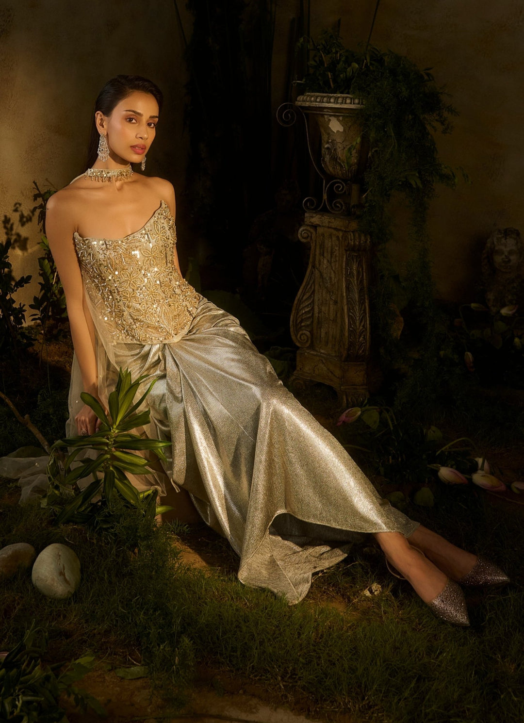 Champagne Gold Sequinned Corset With Drape Skirt Parul Gandhi - Fabilicious Fashion