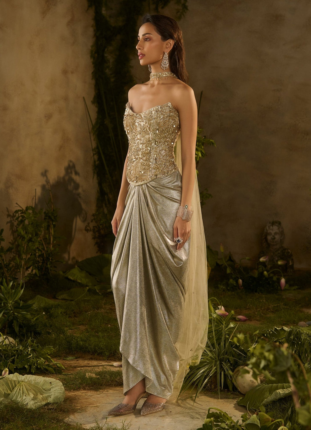 Champagne Gold Sequinned Corset With Drape Skirt Parul Gandhi - Fabilicious Fashion