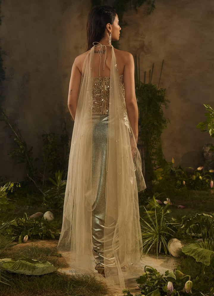Champagne Gold Sequinned Corset With Drape Skirt Parul Gandhi - Fabilicious Fashion
