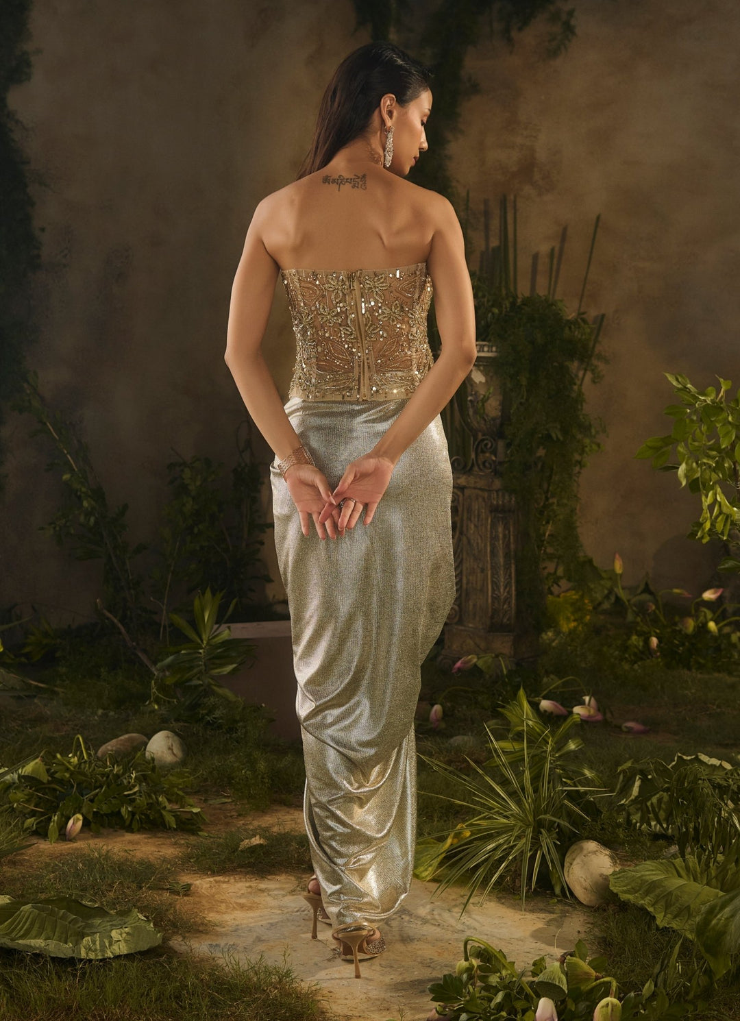 Champagne Gold Sequinned Corset With Drape Skirt Parul Gandhi - Fabilicious Fashion