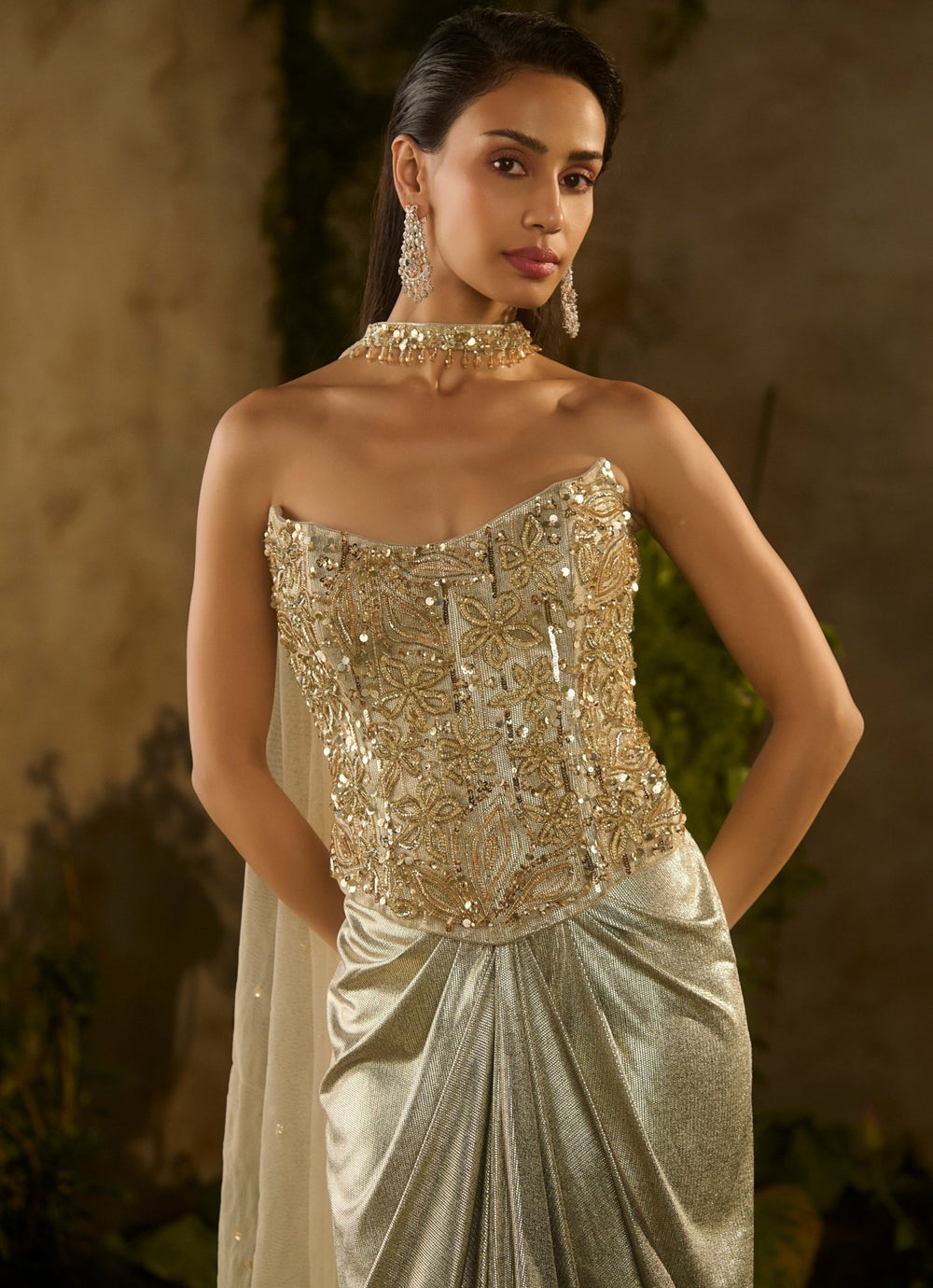 Champagne Gold Sequinned Corset With Drape Skirt Parul Gandhi - Fabilicious Fashion