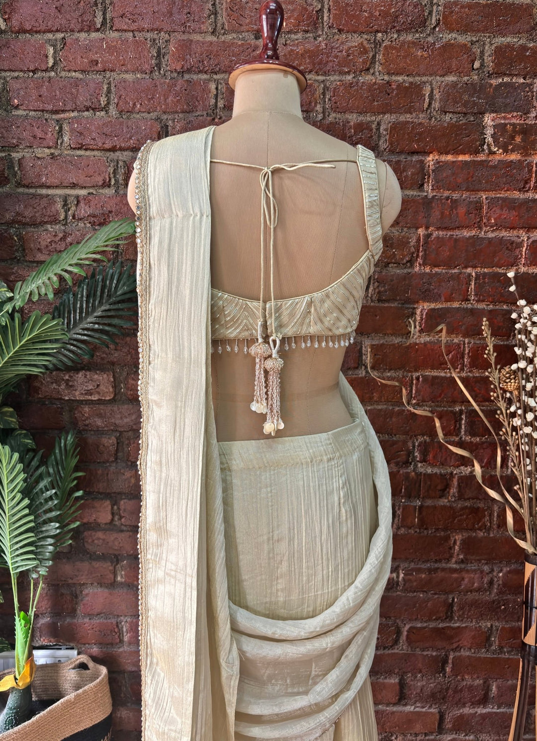 Champagne Gold Shimmer Tissue Pre Stitched Saree Priti Sahni - Fabilicious Fashion