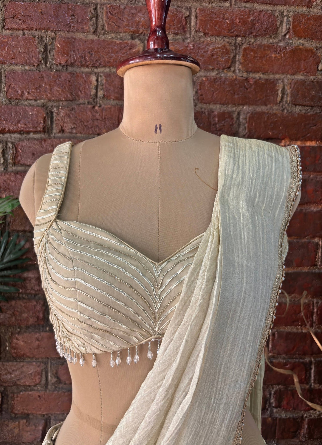 Champagne Gold Shimmer Tissue Pre Stitched Saree Priti Sahni - Fabilicious Fashion
