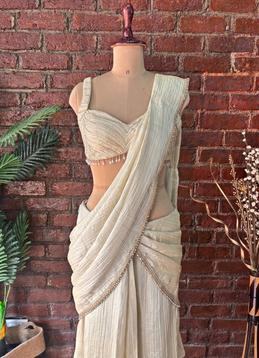 Champagne Gold Shimmer Tissue Pre Stitched Saree Priti Sahni - Fabilicious Fashion