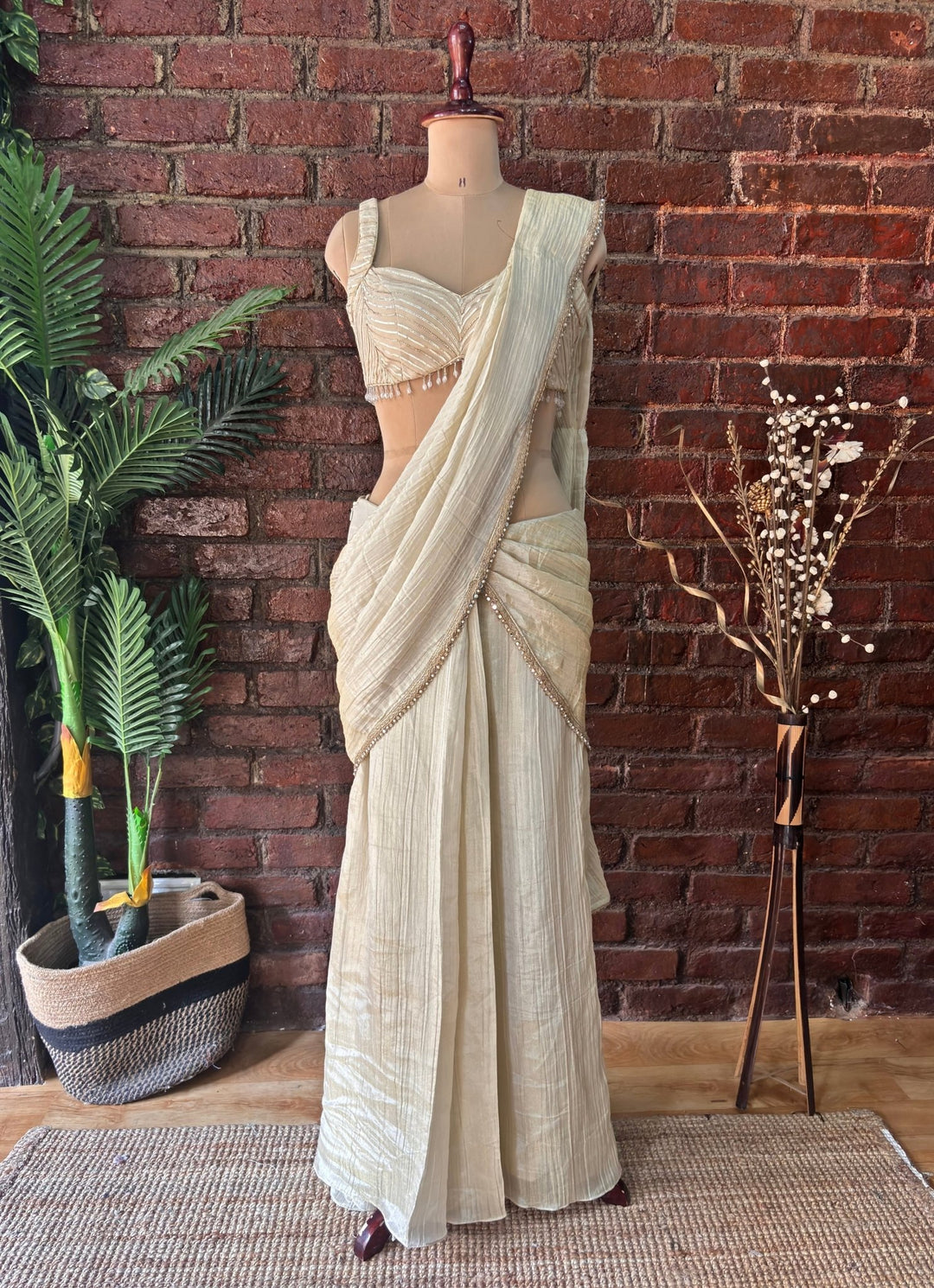 Champagne Gold Shimmer Tissue Pre Stitched Saree Priti Sahni - Fabilicious Fashion