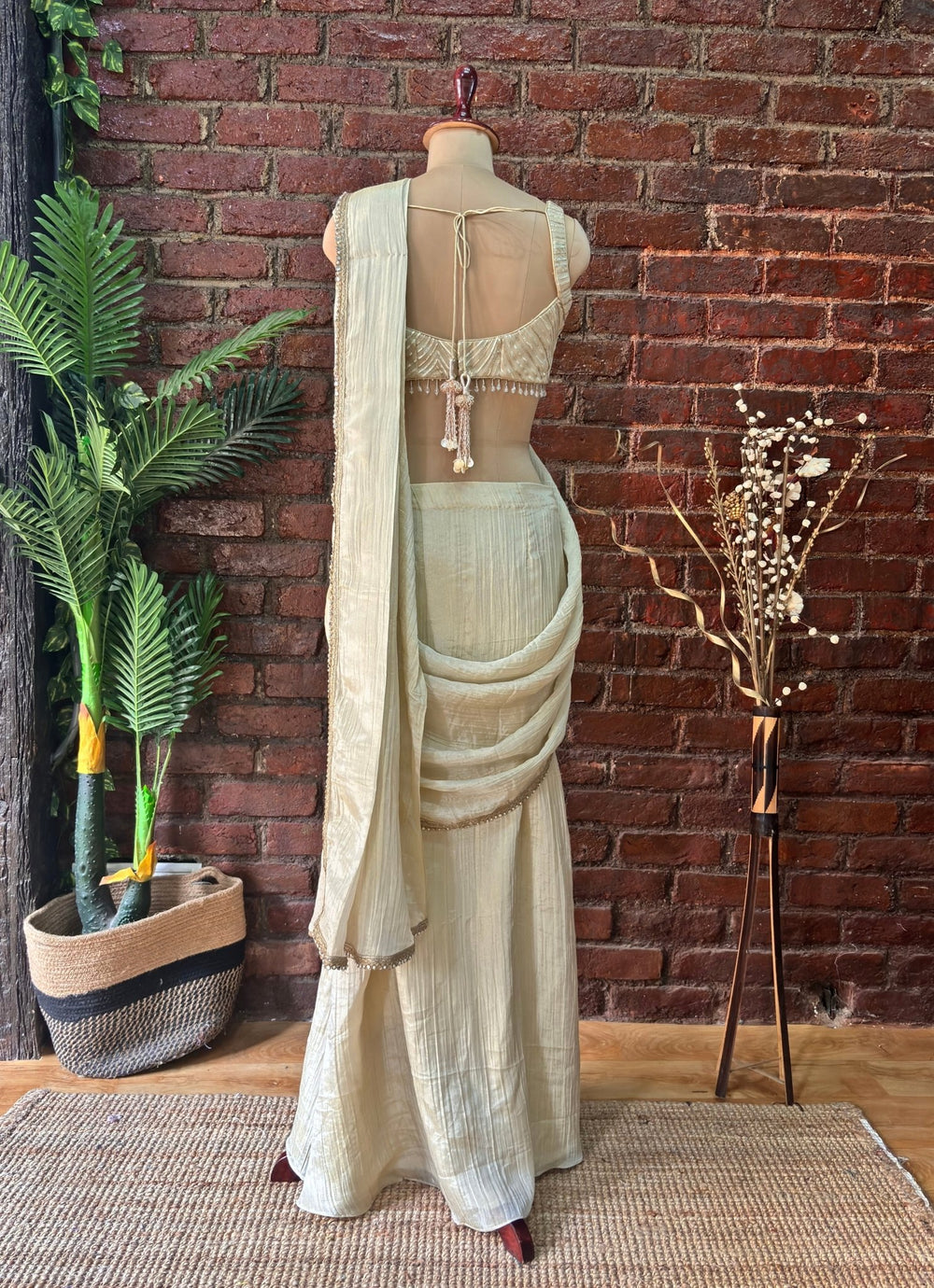 Champagne Gold Shimmer Tissue Pre Stitched Saree Priti Sahni - Fabilicious Fashion