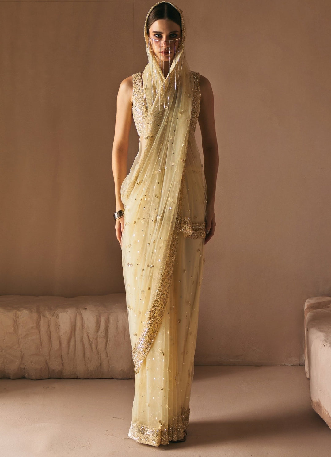 Champagne Gold Soft Net Embroidered Saree Set Angad Singh - Fabilicious Fashion
