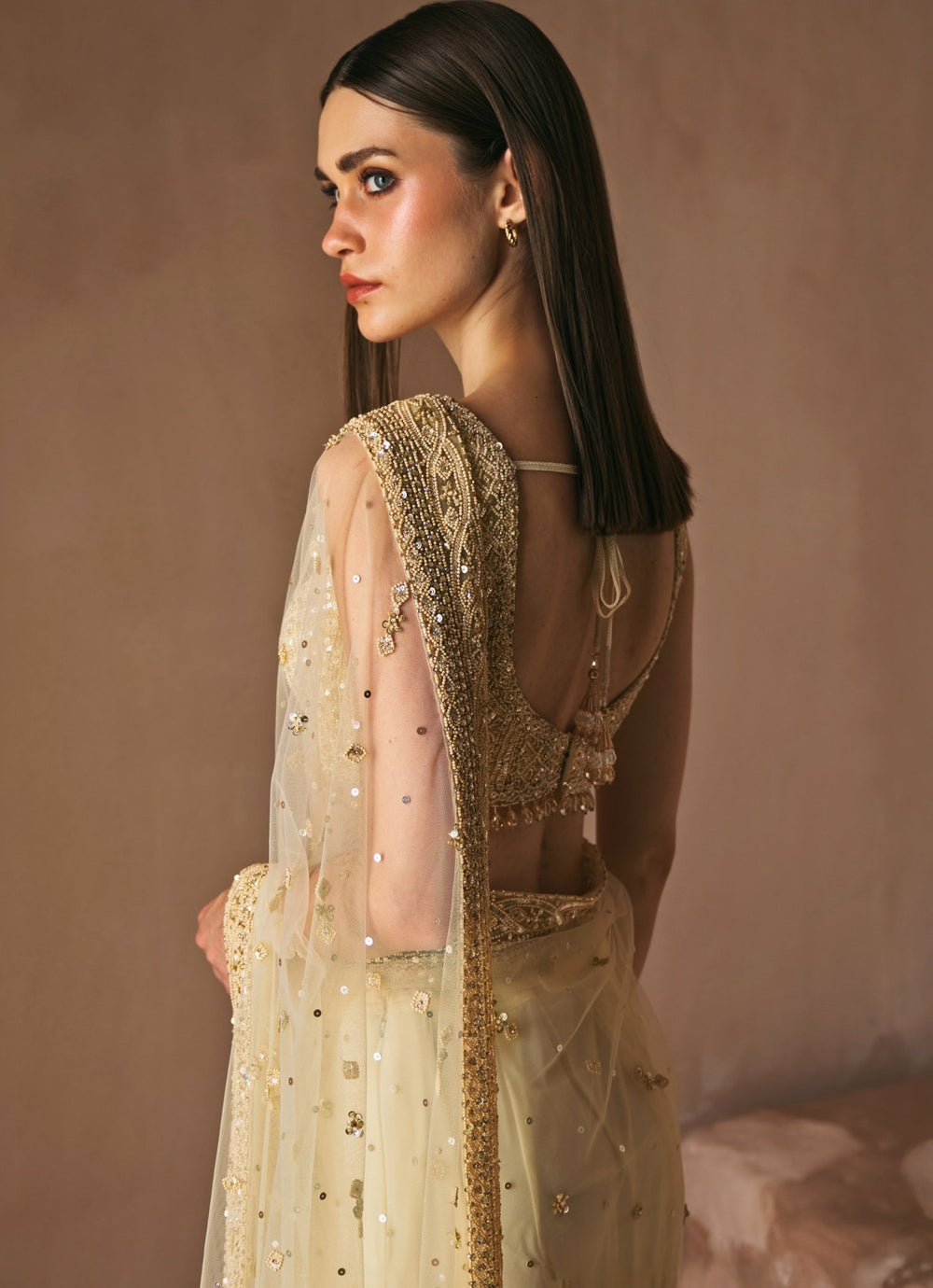 Champagne Gold Soft Net Embroidered Saree Set Angad Singh - Fabilicious Fashion