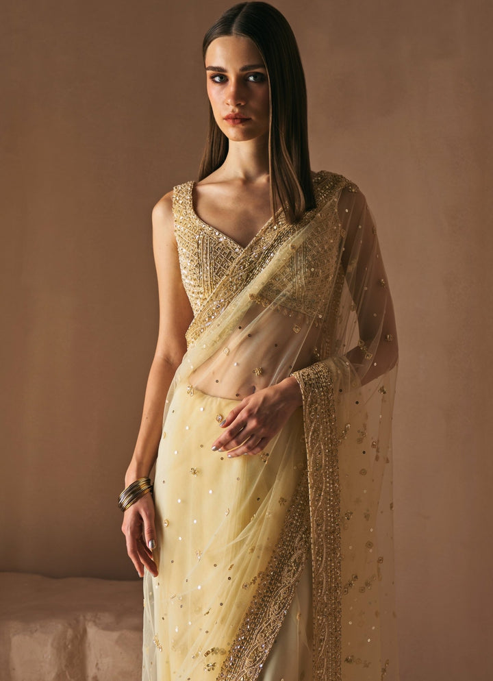 Champagne Gold Soft Net Embroidered Saree Set Angad Singh - Fabilicious Fashion
