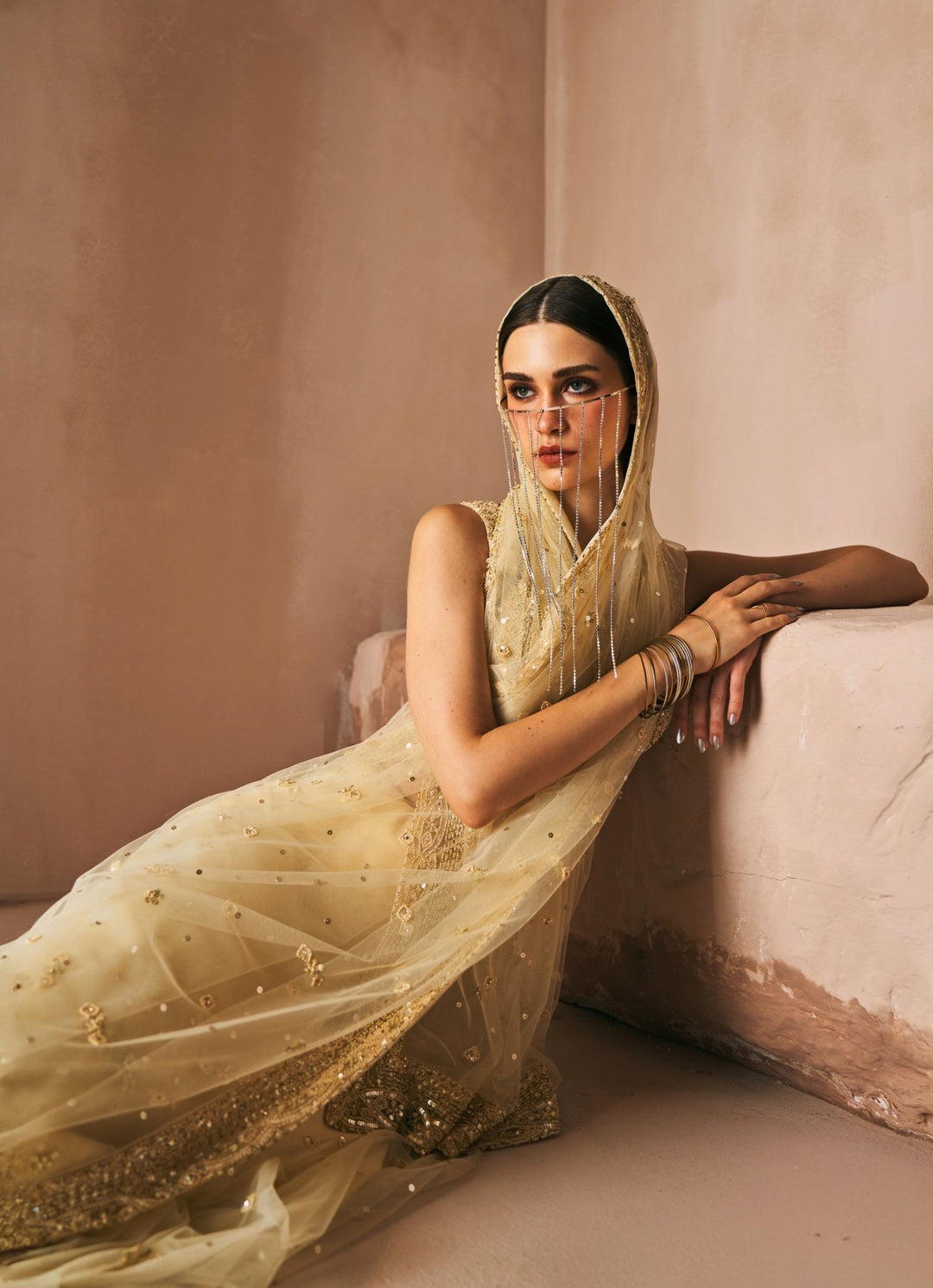 Champagne Gold Soft Net Embroidered Saree Set Angad Singh - Fabilicious Fashion