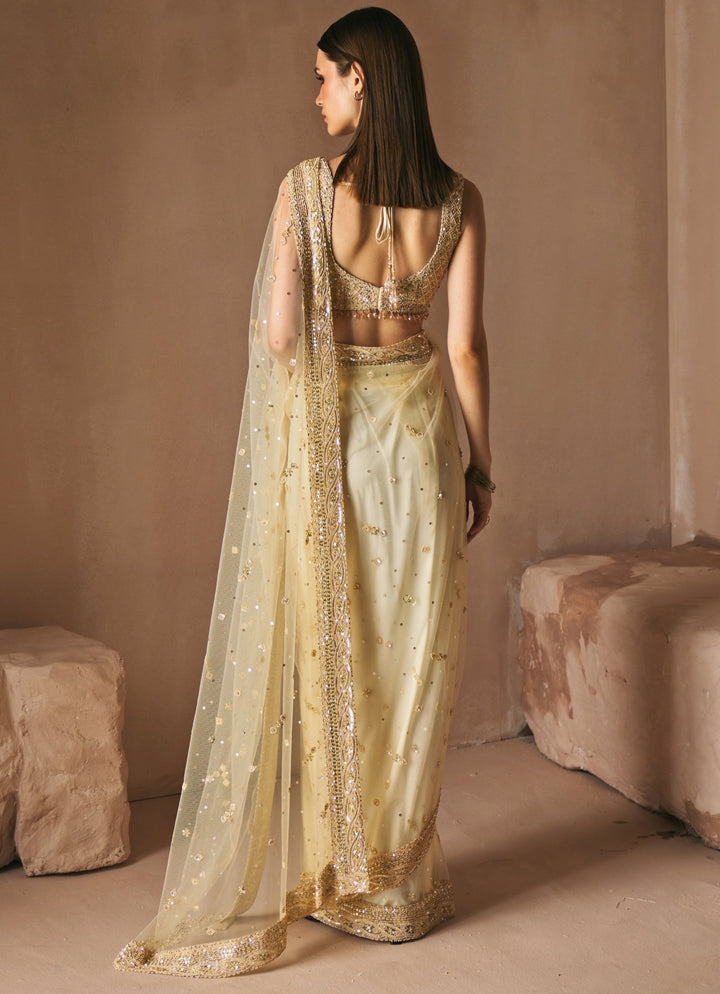 Champagne Gold Soft Net Embroidered Saree Set Angad Singh - Fabilicious Fashion