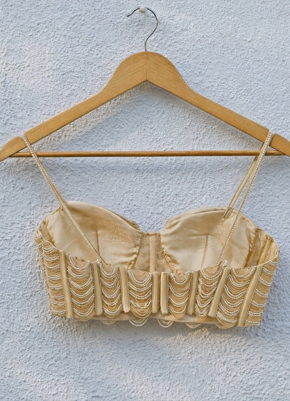 Champagne Gold Soft Net Pearl Bustier Blouse Anisha Shetty - Fabilicious Fashion