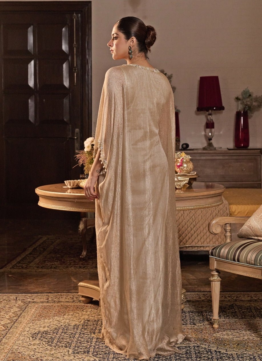 champagne kaftan dress ~ Our Champagne Kaftan is back in stock~, ~ The fabric is SILK with a LUXURIOUS feel to it & the colour~, ~ It also comes with a free SCARF~ , ~ Free size with an inner belt to cinch the waist,