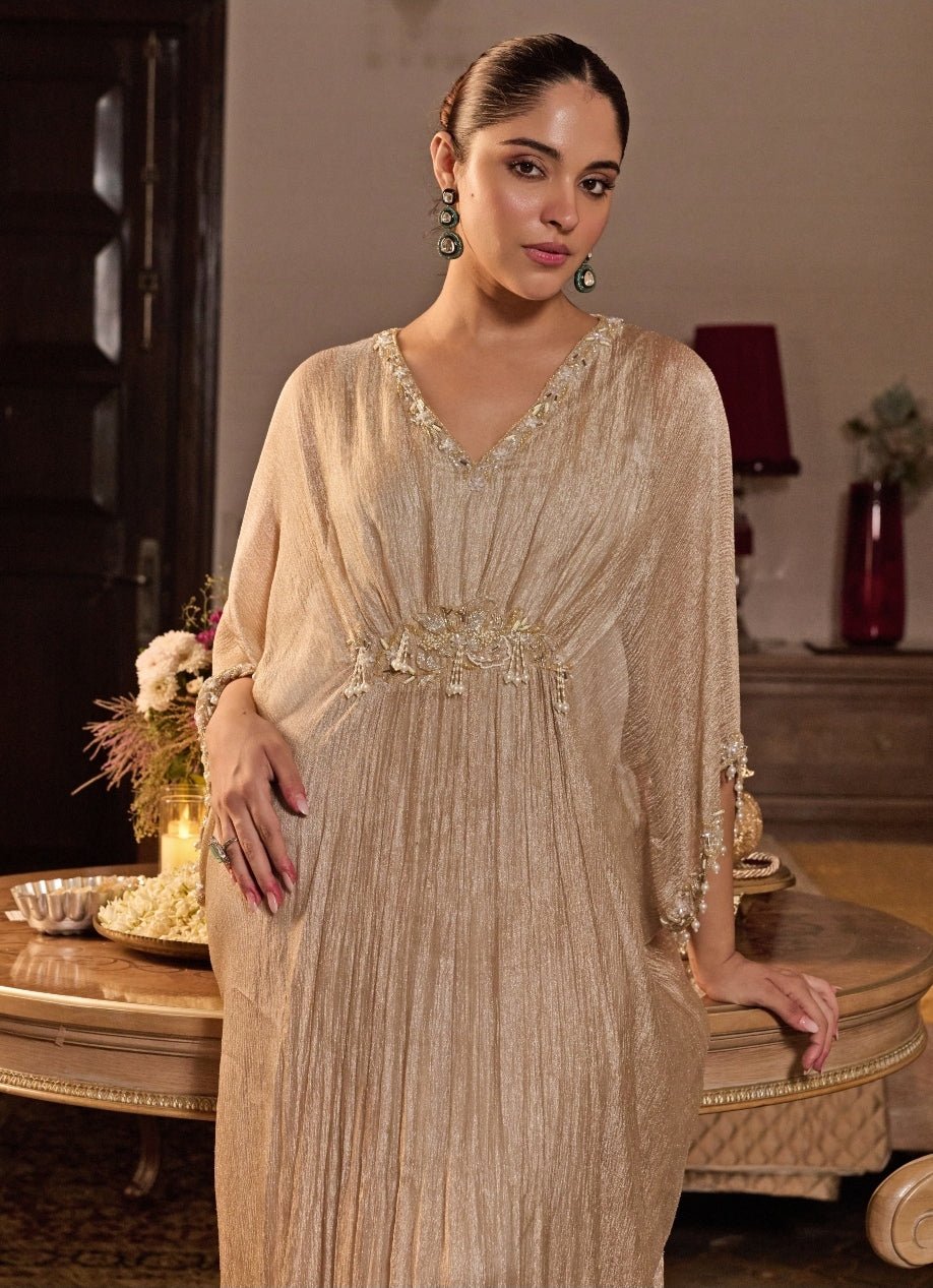 Champagne Gold Tissue Draped Kaftan Seema Thukral - Fabilicious Fashion