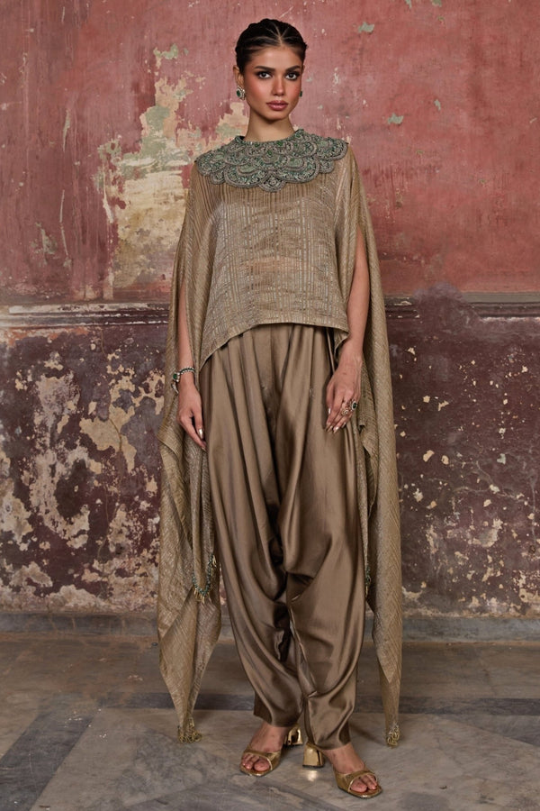 Champagne gold tissue kaftan top with pants set by Prisho