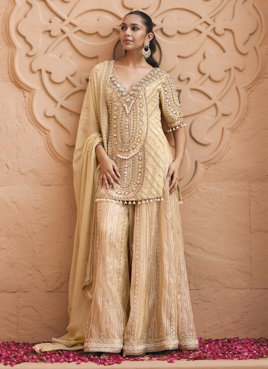 Nidhika Shekhar Champagne Gold Tissue Kurta Sharara SetFabilicious Fashion