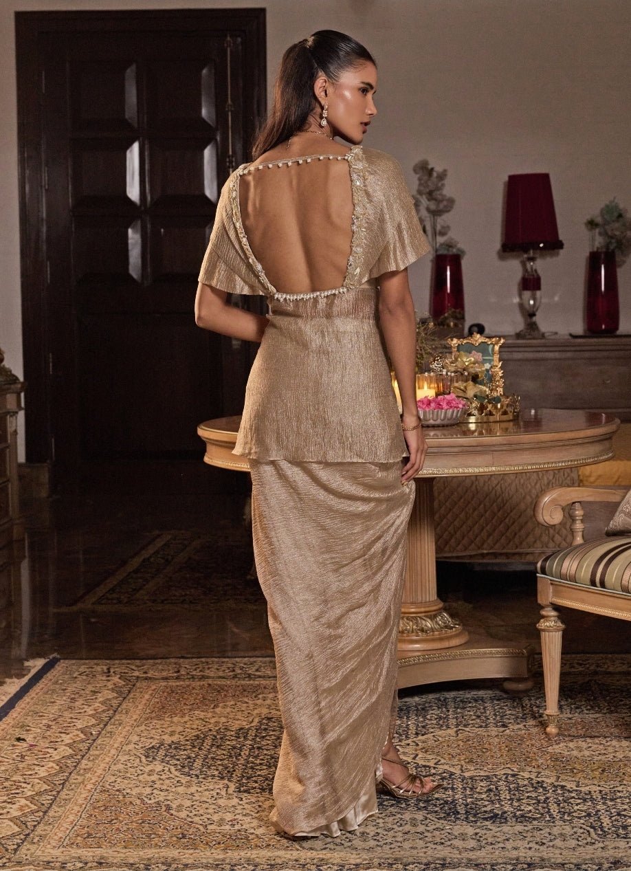 Champagne Gold Tissue Peplum Kurta Skirt Set Seema Thukral - Fabilicious Fashion