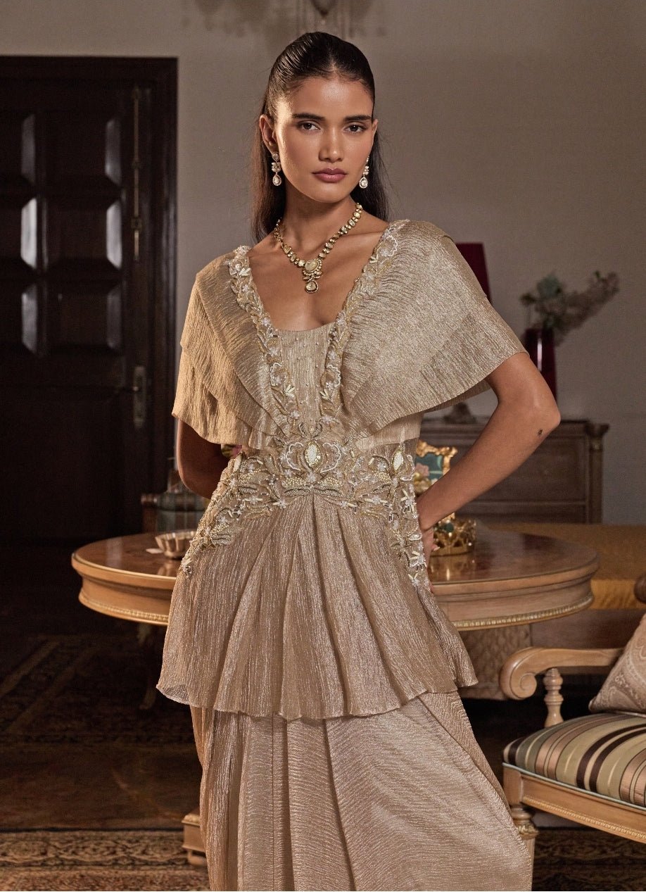 Champagne Gold Tissue Peplum Kurta Skirt Set Seema Thukral - Fabilicious Fashion
