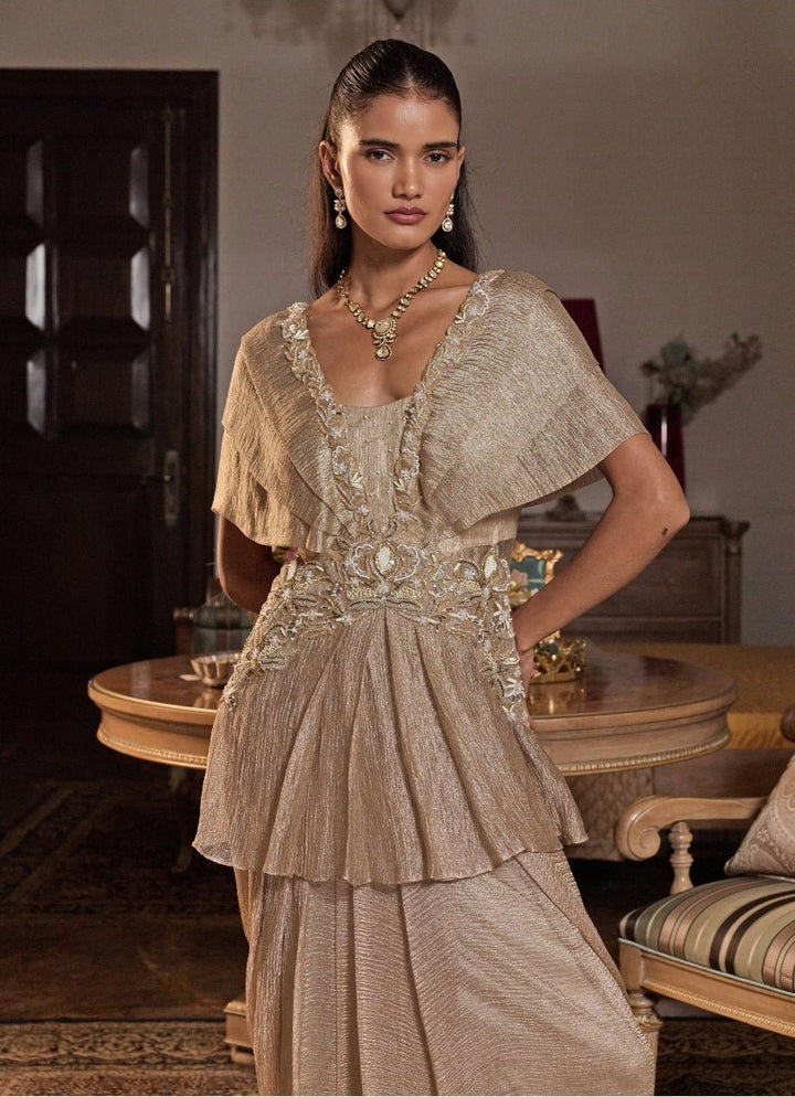 Champagne Gold Tissue Peplum Kurta Skirt Set Seema Thukral - Fabilicious Fashion