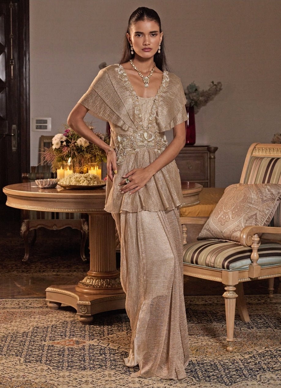 Champagne Gold Tissue Peplum Kurta Skirt Set Seema Thukral - Fabilicious Fashion