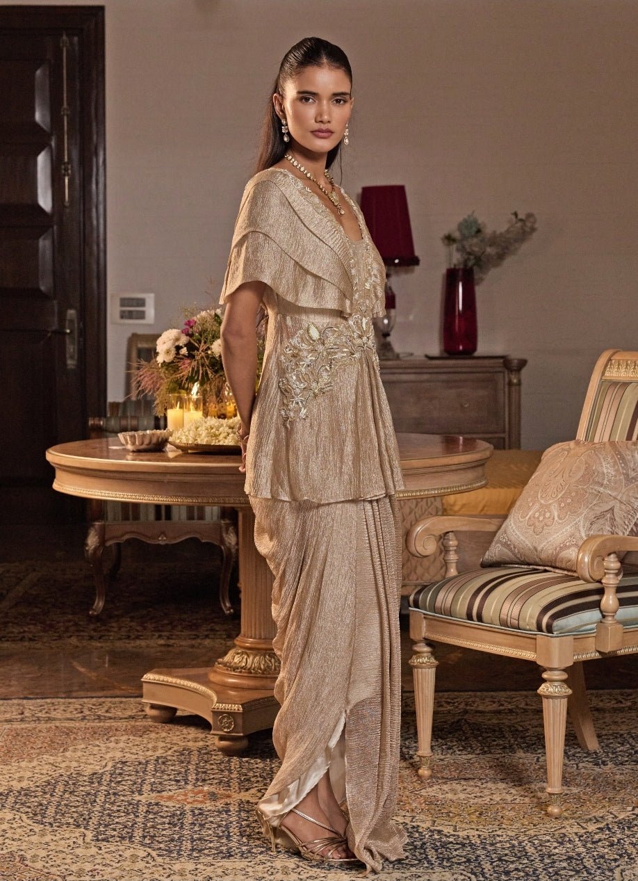 Champagne Gold Tissue Peplum Kurta Skirt Set Seema Thukral - Fabilicious Fashion