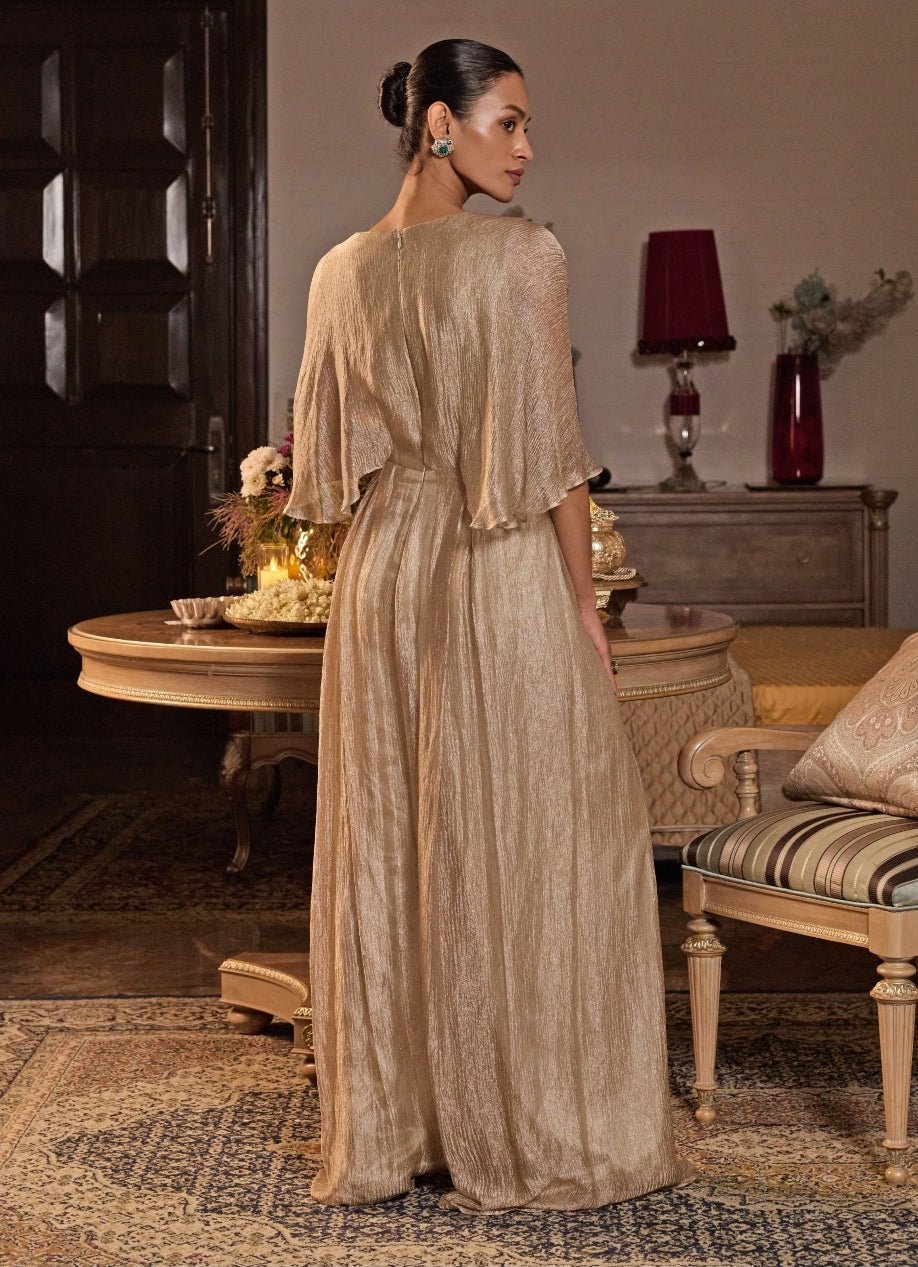 Champagne Gold Tissue Pleated Jumpsuit Seema Thukral - Fabilicious Fashion