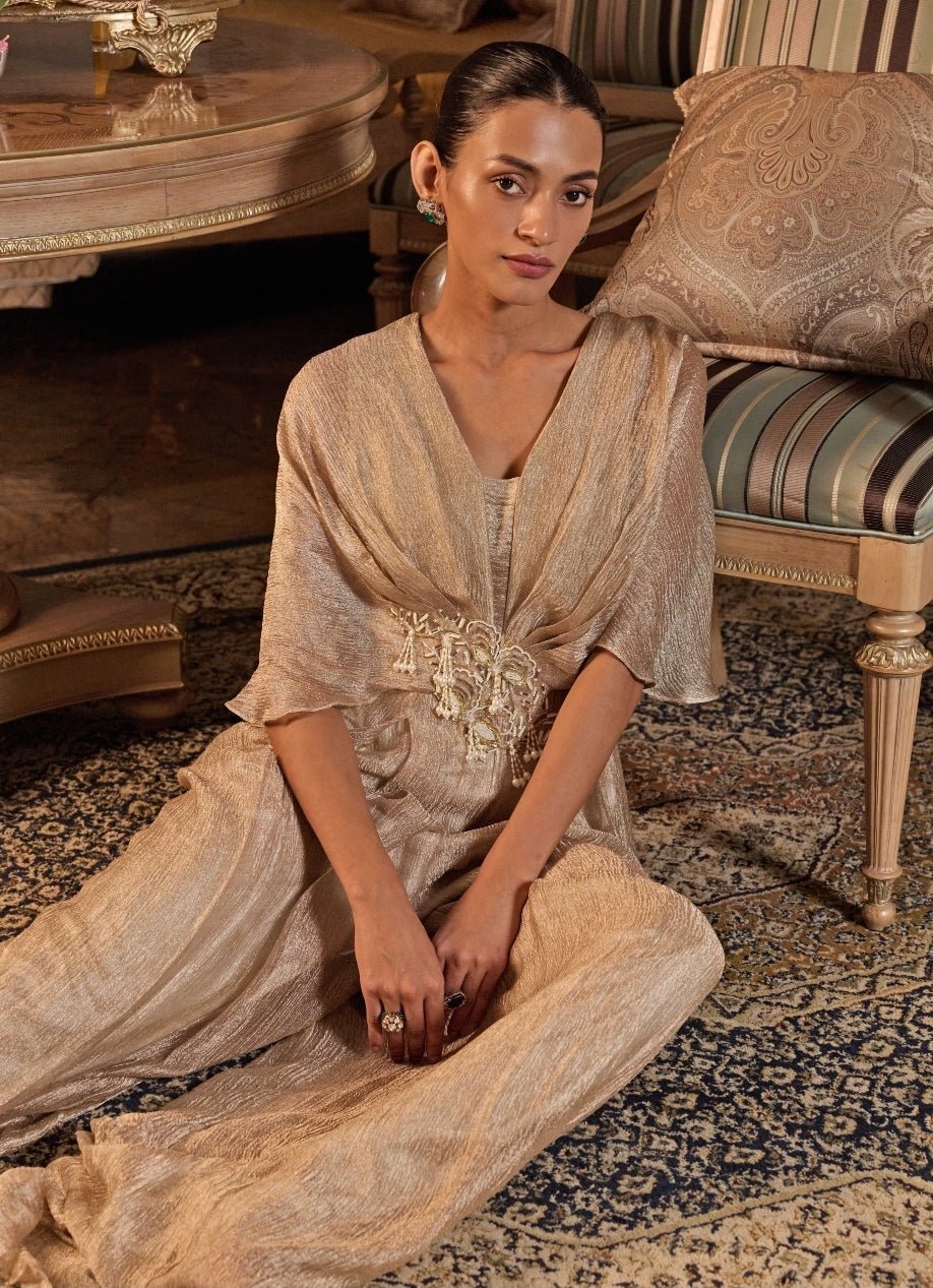 Champagne Gold Tissue Pleated Jumpsuit Seema Thukral - Fabilicious Fashion
