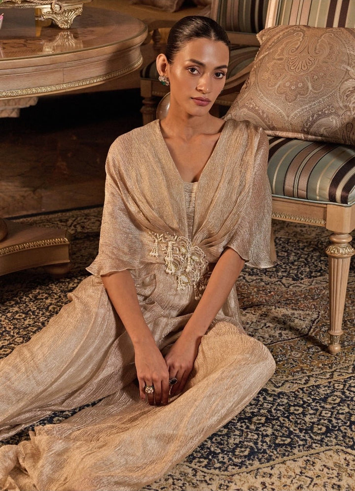 Champagne Gold Tissue Pleated Jumpsuit Seema Thukral - Fabilicious Fashion