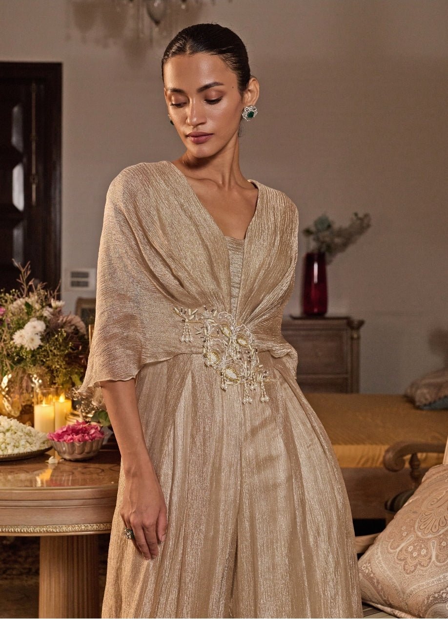 Champagne Gold Tissue Pleated Jumpsuit Seema Thukral - Fabilicious Fashion