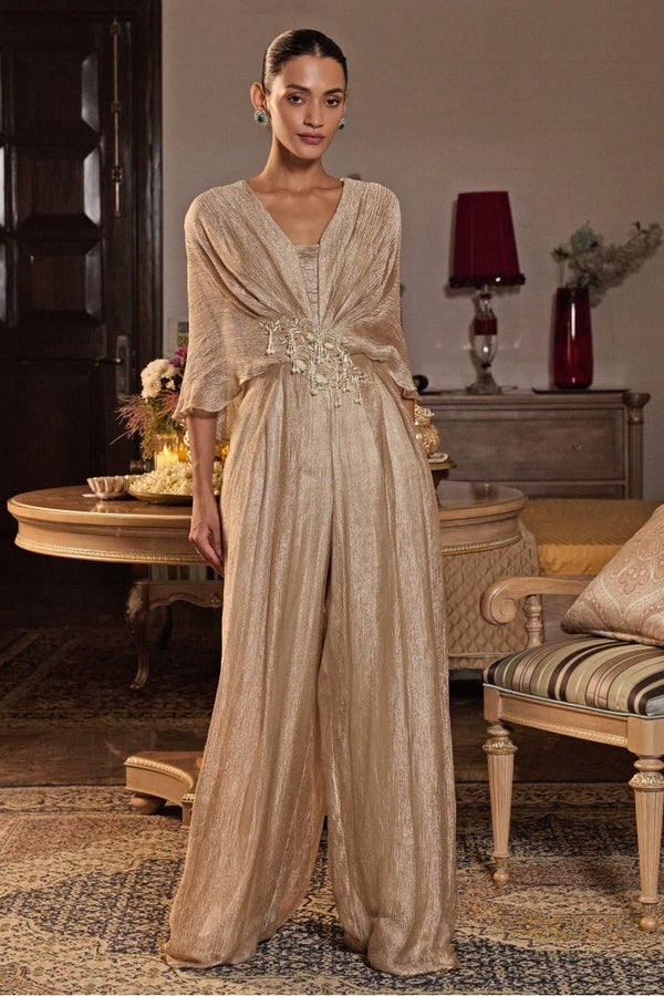 Seema Thukral champagne gold tissue pleated jumpsuit with hand embroidery for Diwali