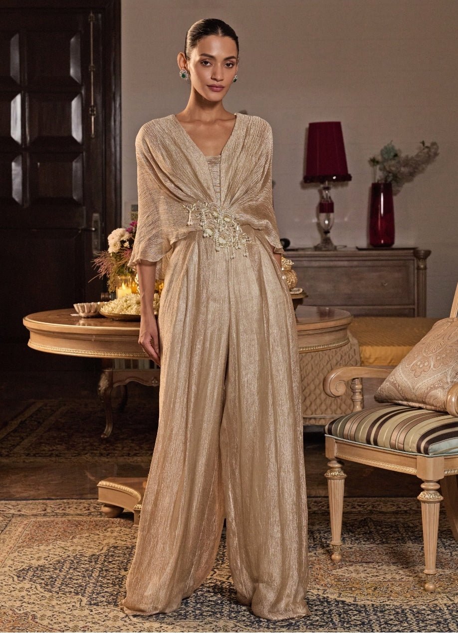 Champagne gold pleated festive indo western jumpsuit for reception and cocktail events