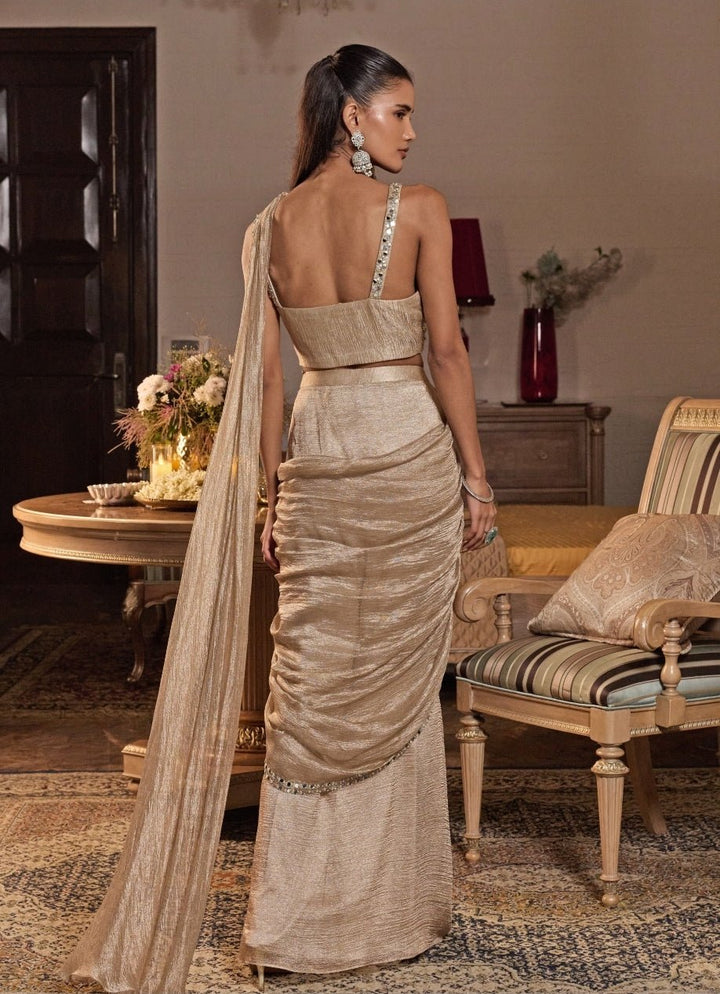 Champagne Gold Tissue Pre Draped Saree Seema Thukral - Fabilicious Fashion